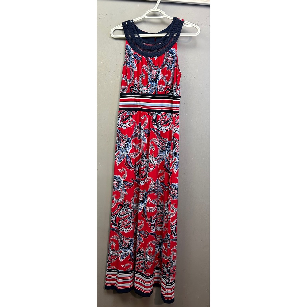 Roz & Ali Maxi Dress Womens Small Red Paisley Nautical Stripe Sleeveless Crochet